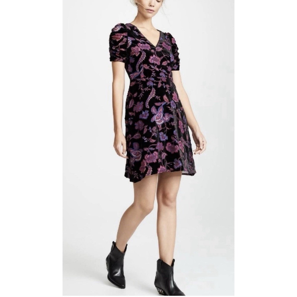 Rebecca Minkoff Velvet Floral Puff Sleeve Mini Dress Size 12 Black Ruched Party